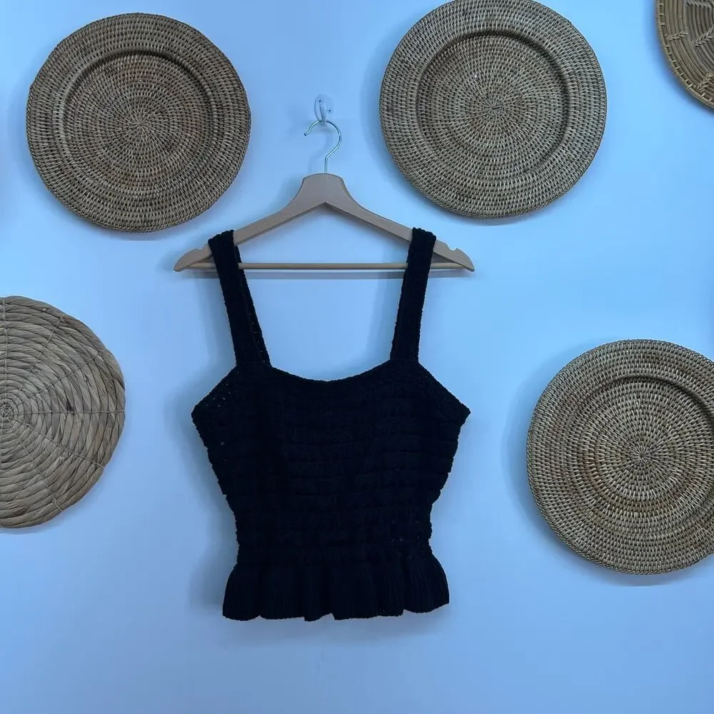 J. Crew Black Crochet Ruffle Sweater Tank Top Small Neutral Minimalist Preppy